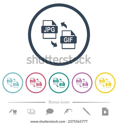 JPG GIF file conversion flat color icons in round outlines. 6 bonus icons included.