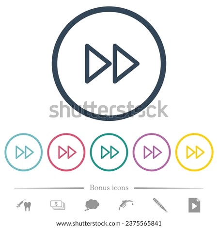 Media fast forward flat color icons in round outlines. 6 bonus icons included.