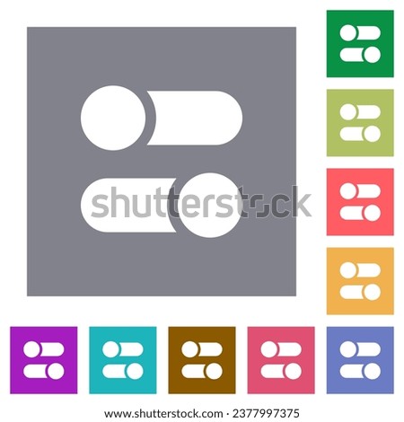 Horizontal toggle switches solid flat icons on simple color square backgrounds
