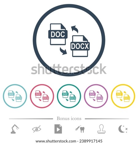 DOC DOCX file conversion flat color icons in round outlines. 6 bonus icons included.
