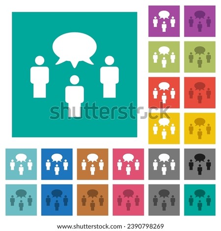 Three talking persons with oval bubble solid multi colored flat icons on plain square backgrounds. Included white and darker icon variations for hover or active effects.