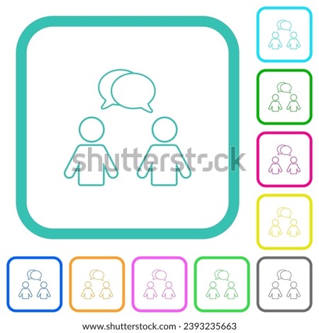 Two talking persons with oval bubbles outline vivid colored flat icons in curved borders on white background