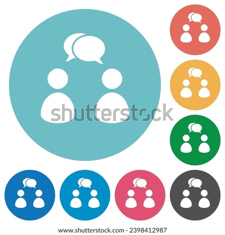 Two talking persons with oval bubbles solid flat white icons on round color backgrounds