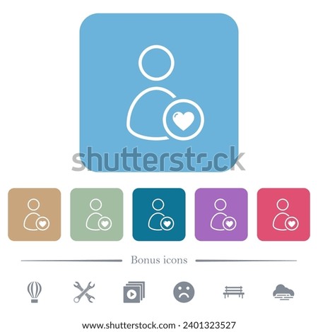 Favorite user outline white flat icons on color rounded square backgrounds. 6 bonus icons included