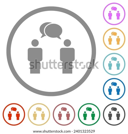 Two talking persons with oval bubbles solid flat color icons in round outlines on white background