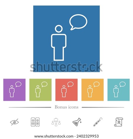 One talking person with oval bubble outline flat white icons in square backgrounds. 6 bonus icons included.