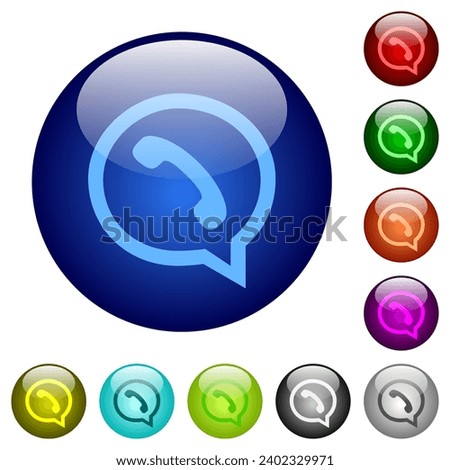 phone in chat bubble outline icons on round glass buttons in multiple colors. Arranged layer structure