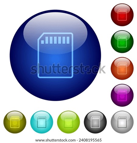 SD memory card outline icons on round glass buttons in multiple colors. Arranged layer structure