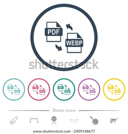 PDF WEBP file conversion flat color icons in round outlines. 6 bonus icons included.