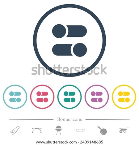 Horizontal toggle switches solid flat color icons in round outlines. 6 bonus icons included.