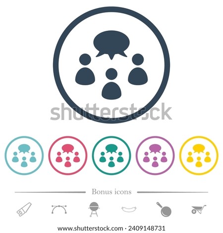 Three talking persons with oval bubble solid flat color icons in round outlines. 6 bonus icons included.