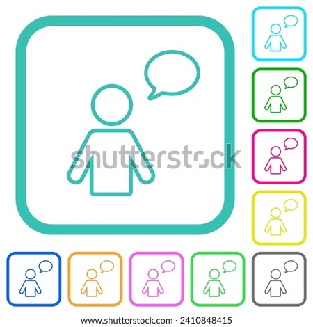 One talking person with oval bubble outline vivid colored flat icons in curved borders on white background
