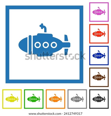 Submarine solid flat color icons in square frames on white background