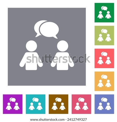 Two talking persons with oval bubbles solid flat icons on simple color square backgrounds