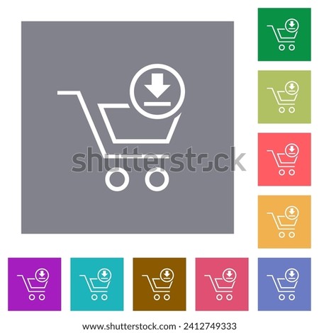 Cart download outline flat icons on simple color square backgrounds