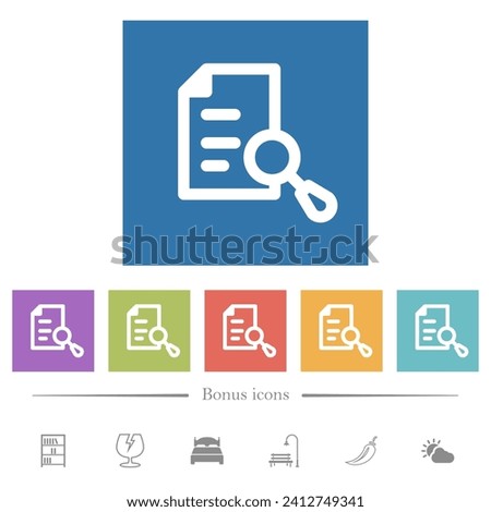 Search document flat white icons in square backgrounds. 6 bonus icons included.
