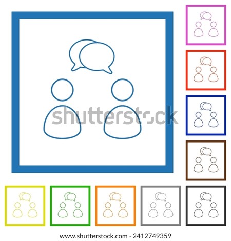 Two talking persons with oval bubbles outline flat color icons in square frames on white background