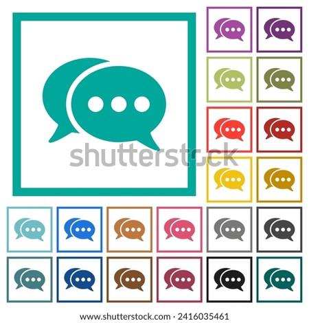 Two oval active chat bubbles solid flat color icons with quadrant frames on white background