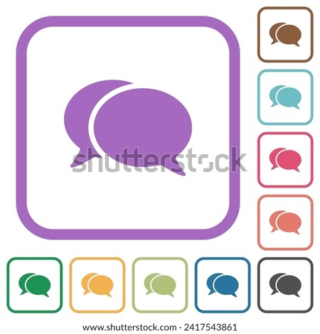 Two oval chat bubbles solid simple icons in color rounded square frames on white background