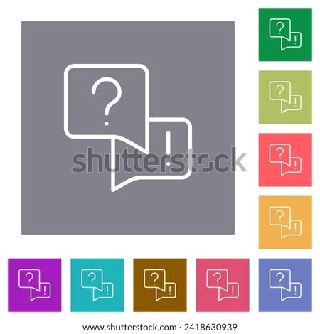 Frequently asked questions outline flat icons on simple color square backgrounds