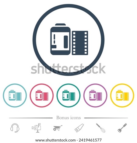 Negative camera film canister flat color icons in round outlines. 6 bonus icons included.
