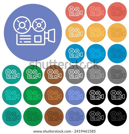 Movie camera outline multi colored flat icons on round backgrounds. Included white, light and dark icon variations for hover and active status effects, and bonus shades.