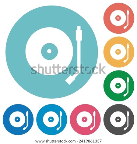 Turntable flat white icons on round color backgrounds