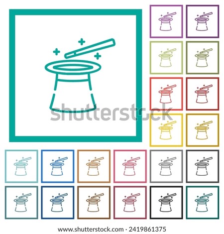 Magic hat and wand outline flat color icons with quadrant frames on white background