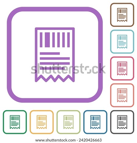 One receipt with barcode outline simple icons in color rounded square frames on white background