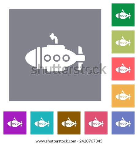Submarine solid flat icons on simple color square backgrounds