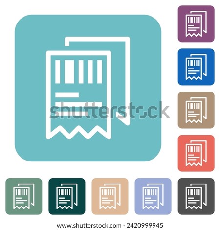 Two receipts with barcode outline white flat icons on color rounded square backgrounds