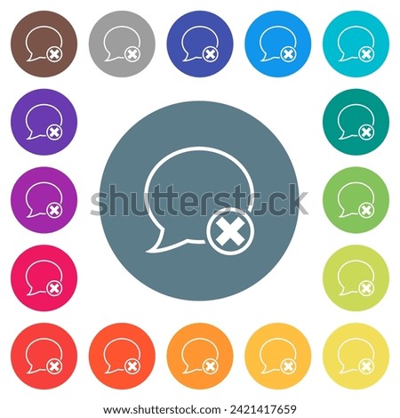 Cancel message outline flat white icons on round color backgrounds. 17 background color variations are included.