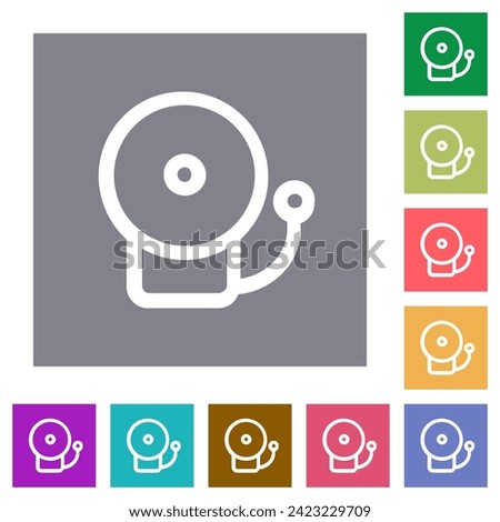 Fire alarm bell outline flat icons on simple color square backgrounds