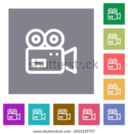 Movie camera outline flat icons on simple color square backgrounds