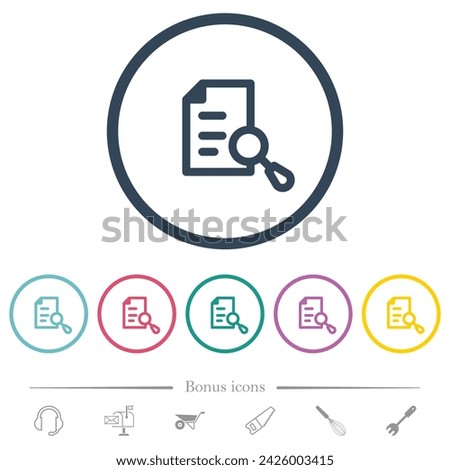 Search document flat color icons in round outlines. 6 bonus icons included.