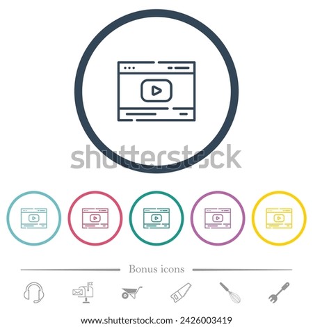 Video streaming outline flat color icons in round outlines. 6 bonus icons included.