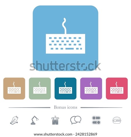 Computer keyboard white flat icons on color rounded square backgrounds. 6 bonus icons included