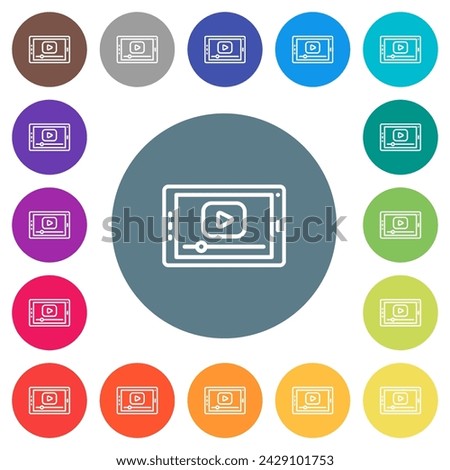 Video play on landscape tablet outline flat white icons on round color backgrounds. 17 background color variations are included.