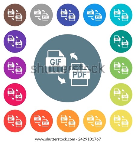 GIF PDF file conversion flat white icons on round color backgrounds. 17 background color variations are included.