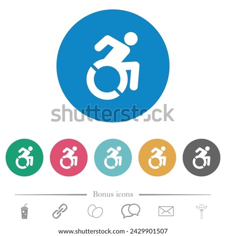 Accessibility flat white icons on round color backgrounds. 6 bonus icons included.
