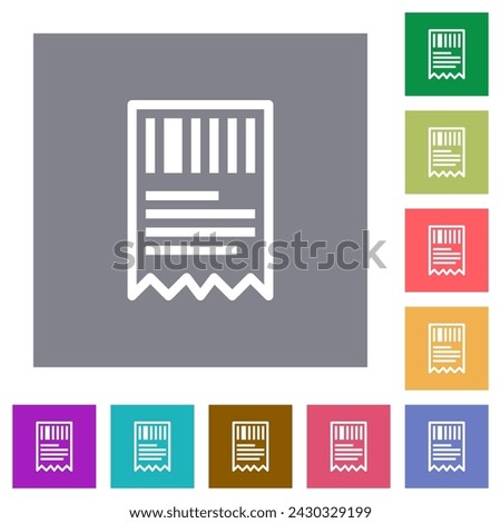 One receipt with barcode outline flat icons on simple color square backgrounds