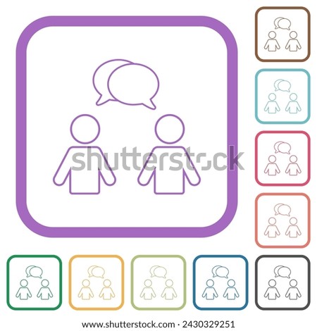 Two talking persons with oval bubbles outline simple icons in color rounded square frames on white background