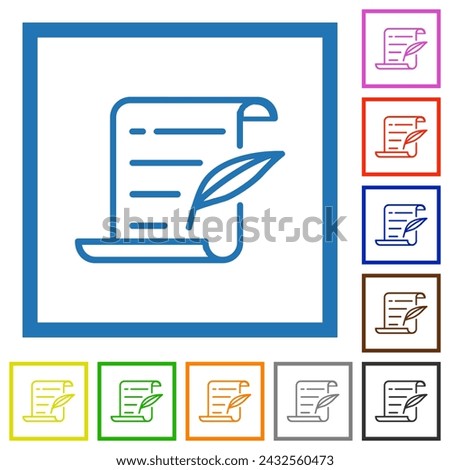 Parchment feather pen outline flat color icons in square frames on white background