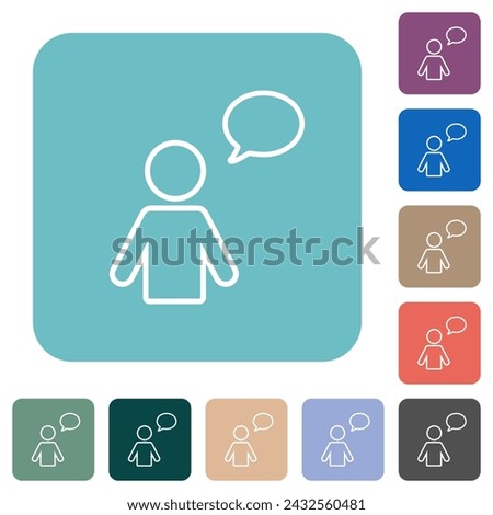 One talking person with oval bubble outline white flat icons on color rounded square backgrounds