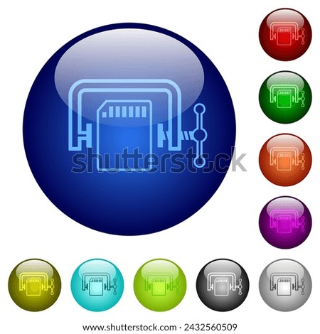 SD memory card compress outline icons on round glass buttons in multiple colors. Arranged layer structure
