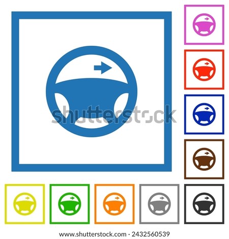 Car turn right dashboard signal flat color icons in square frames on white background