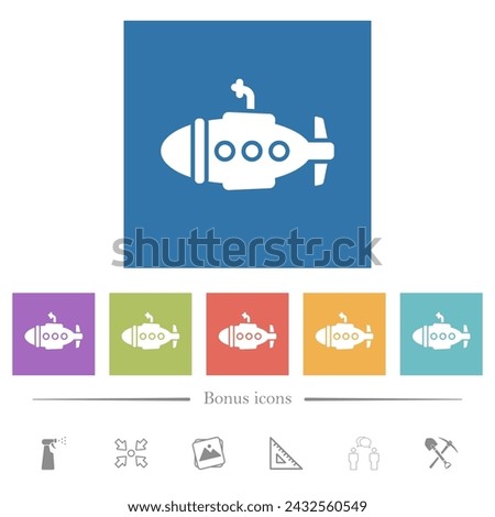 Submarine solid flat white icons in square backgrounds. 6 bonus icons included.