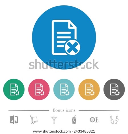 Document cancel outline flat white icons on round color backgrounds. 6 bonus icons included.
