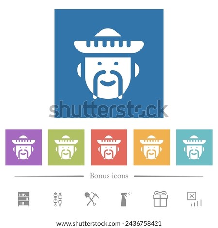 Mexican avatar solid flat white icons in square backgrounds. 6 bonus icons included.