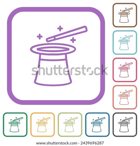 Magic hat and wand outline simple icons in color rounded square frames on white background